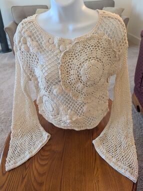 Zara Cotton Crochet Openwork Boho Sweater in Cream - Size S